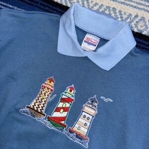 Vintage embroidered lighthouse blue nautical sweatshirt - XXL